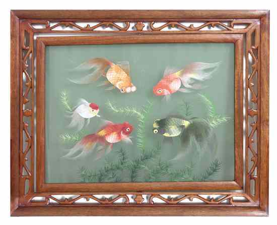 Appraisal: A Chinese Embroidered Silk Seascape depicting five Koi on a