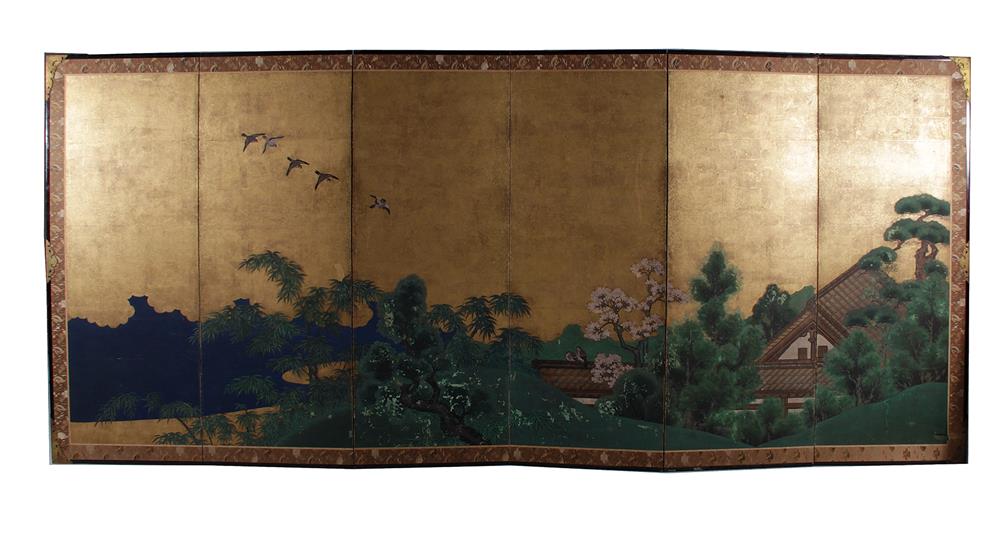 Appraisal: Japanese painted six-panel floor screen Meiji period garden scene with