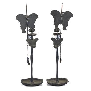 Appraisal: PAIR OF RARE KOREAN CHOSON CANDLESTICK HOLDERS Iron with butterfly