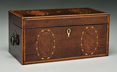 Appraisal: Inlaid Georgian tea box fruitwood with inlaid oval burlwood panels