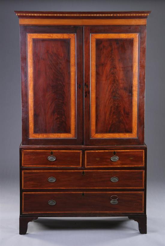 Appraisal: IRISH REGENCY LINEN PRESS early th century mahogany and satinwood