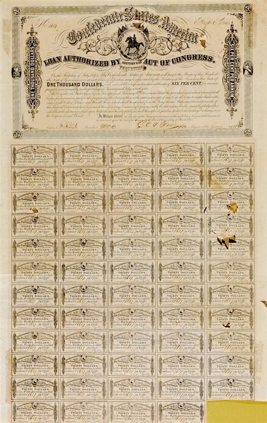 Appraisal: Confederate States Loan note February Dollar value sheet H W