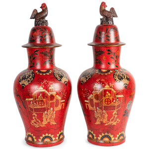 Appraisal: A Pair of Chinese Polychromed Ceramic Covered Jars TH CENTURY