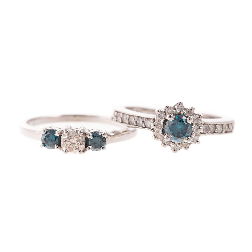 Appraisal: A Pair of Blue Diamond Rings in K White Gold