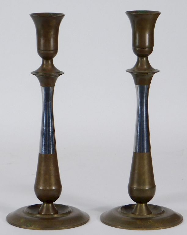 Appraisal: PR C MCM Modernist Bronze Chrome Candlesticks United States th