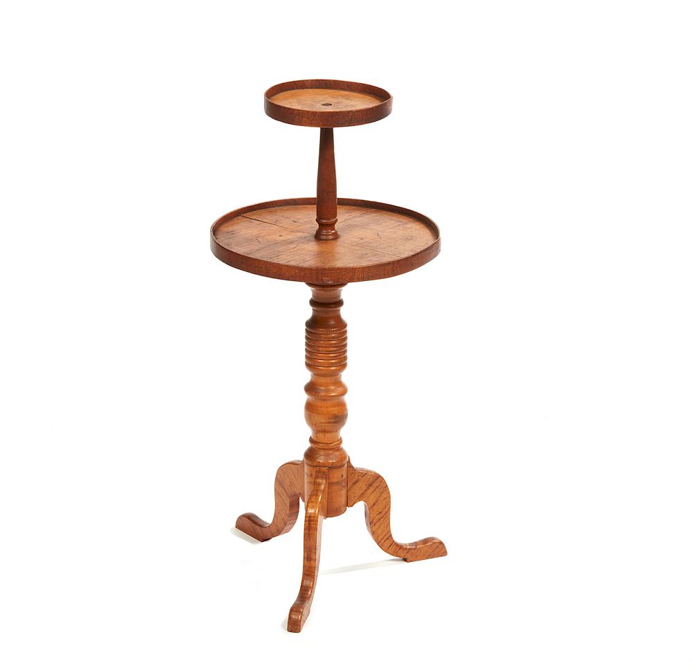 Appraisal: Candlestand Tiger maple dish rim candle stand Dimensions h x