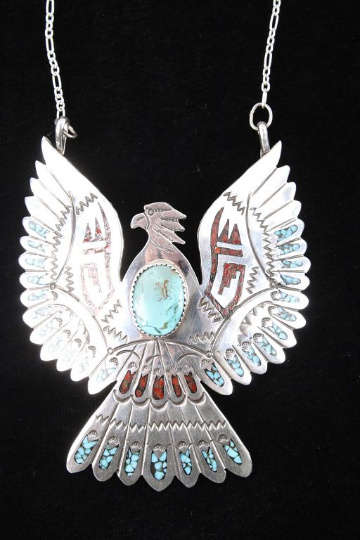 Appraisal: Navajo Silver Thunderbird Turquoise Coral Necklace Featured in this lot