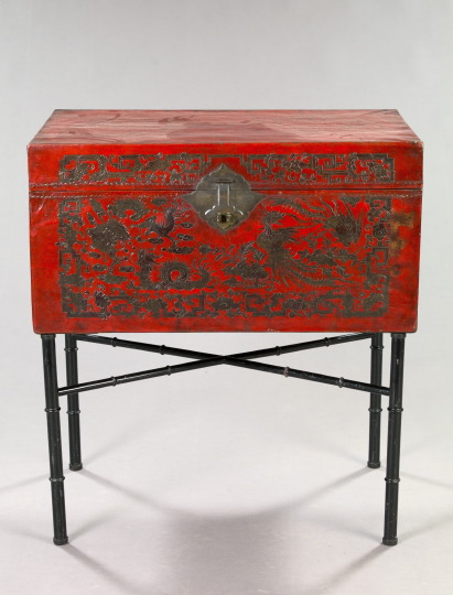 Appraisal: Oriental Red Lacquered Leather-Bound Storage Trunk-on-Stand the front tooled with