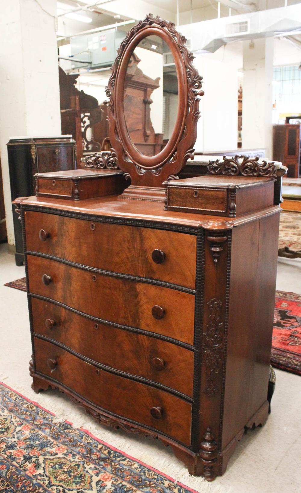 Appraisal: VICTORIAN WALNUT DRESSER American th century a four-drawer serpentine chest