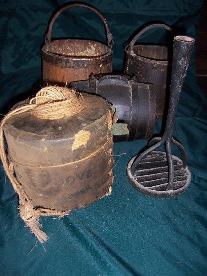 Appraisal: Two metal bound measures a harvest barrel a bail of