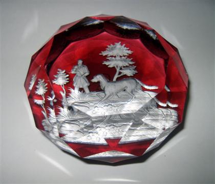 Appraisal: Rare Antique Baccarat sulphide 'Hunter and Dog' faceted paperweightDepicting a