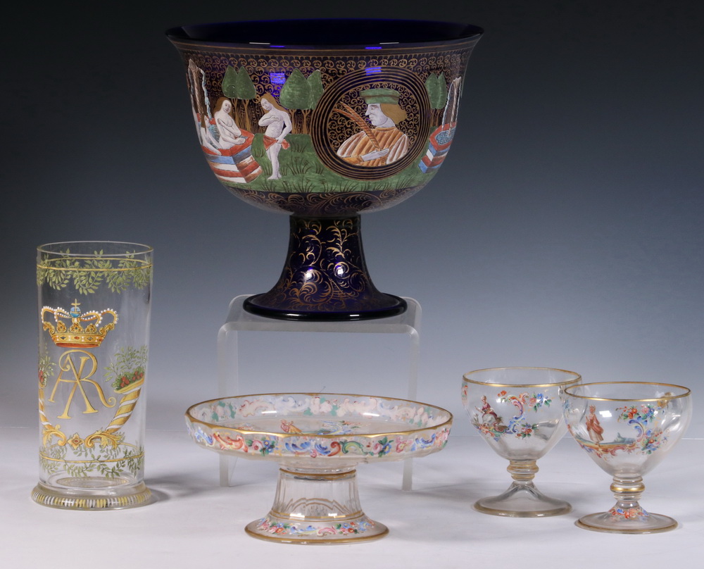 Appraisal: PCS CONTINENTAL ENAMELED GLASS Collection of Enamel Decorated Glass Vessels