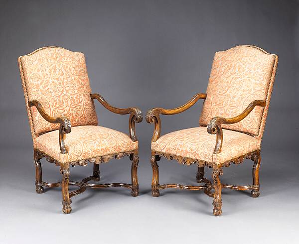 Appraisal: A pair of Italian baroque carved walnut armchairs late th