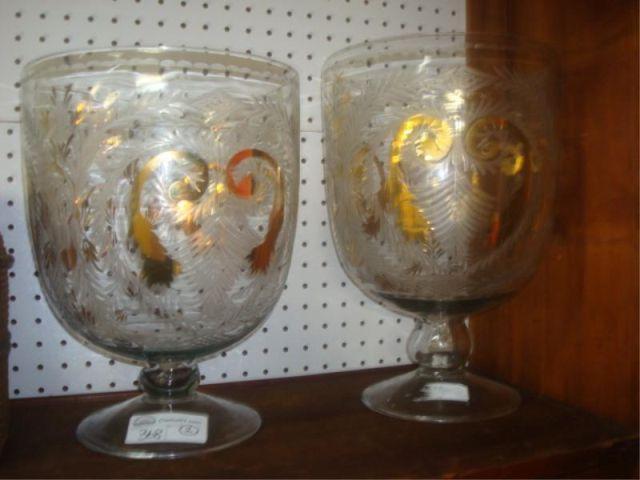 Appraisal: Large Gilt Decorated and Etched Glass Urns From a Long