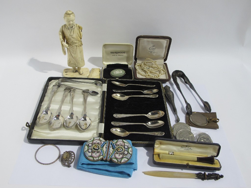 Appraisal: A box of miscellania - carved figure silver tongs coins