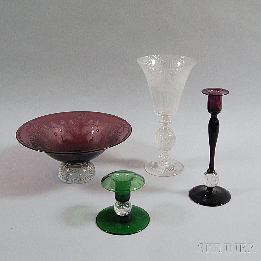 Appraisal: Four Pieces of Glass two single Pairpoint candlesticks and an