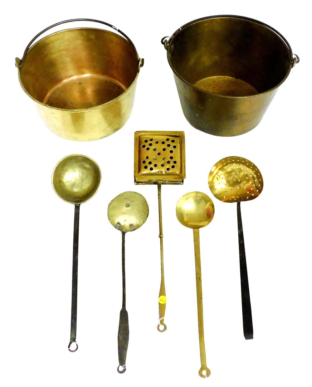 Appraisal: Seven Brass kitchen items two pots diam a chestnut roaster