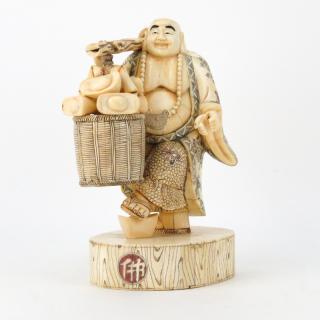 Appraisal: Japanese Carved Bone Polychrome Traveling Buddha Figurine Japanese Carved Bone