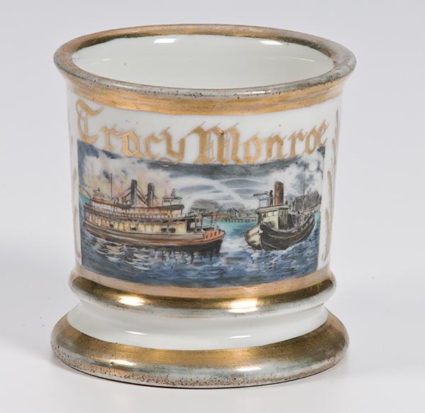 Appraisal: OCCUPATIONAL SHAVING MUG FIREBOAT'S CAPTAIN Unmarked porcelain with polychrome-painted scene