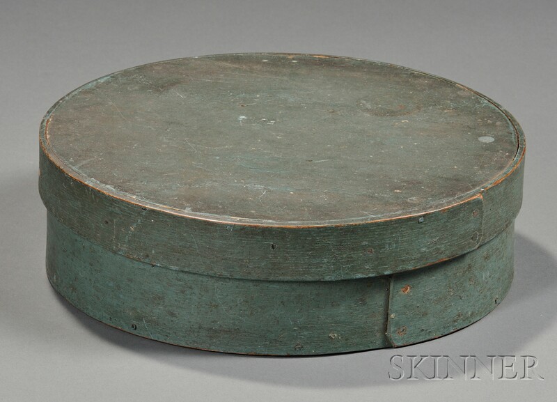 Appraisal: Blue-painted Round Lapped-seam Covered Pantry Box America th century impressed