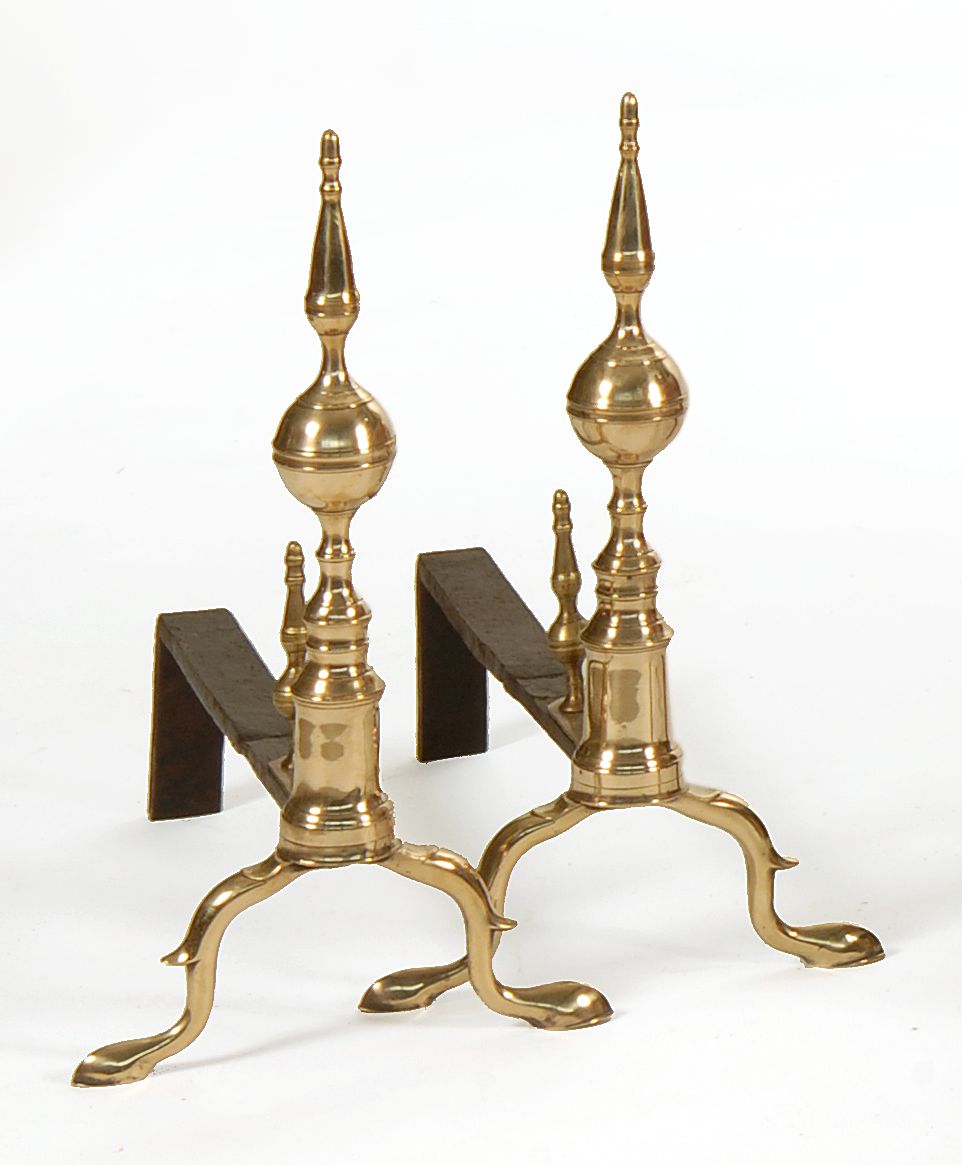 Appraisal: PAIR OF BRASS STEEPLE AND BALL-TOP ANDIRONS American Circa Attributed