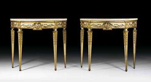 Appraisal: PAIR OF PAINTED DEMI-LUNE CONSOLES AUX TETES DE LIONS Louis