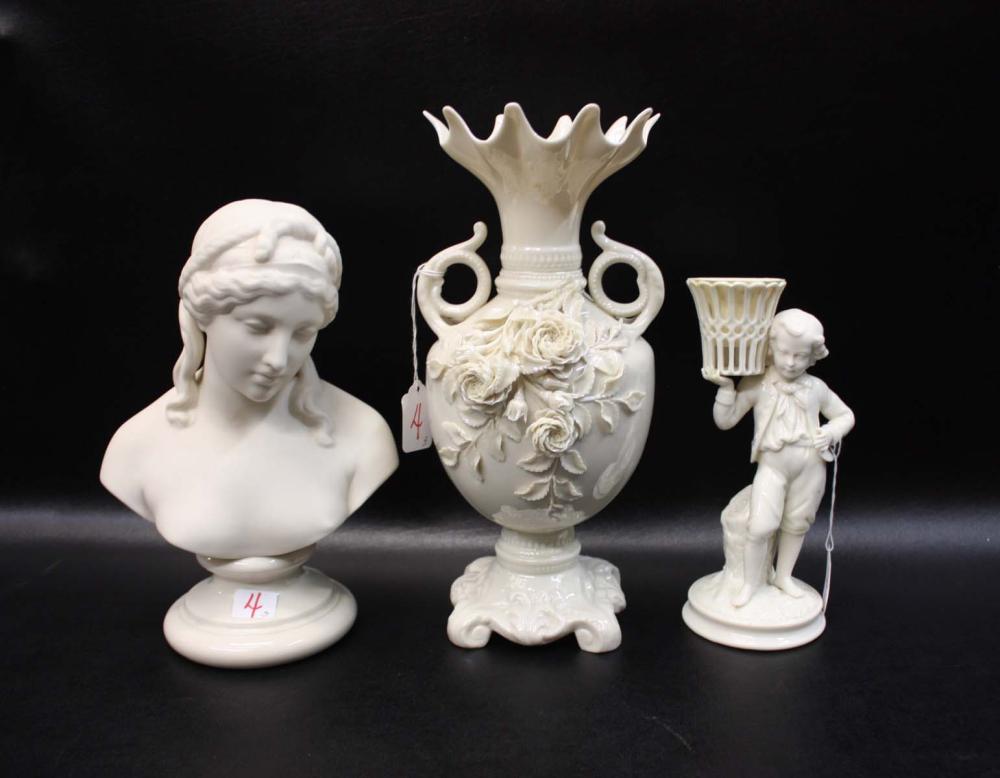 Appraisal: THREE BELLEEK PARIAN PORCELAIN VESSELS comprised of Rose Isle Vale