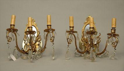 Appraisal: Pair of French Brass and Glass Sconces