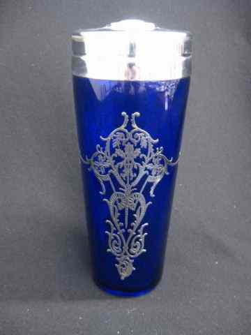 Appraisal: Silver Overlay Cobalt Glass Cocktail Shaker chrome top '' excellent