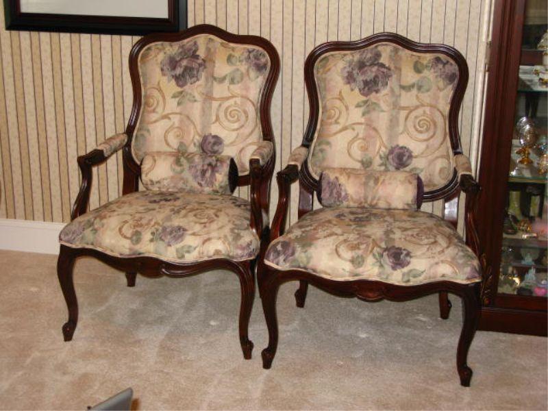 Appraisal: Pair of Ethan Allen Louis XV Open Arm Chairs linen