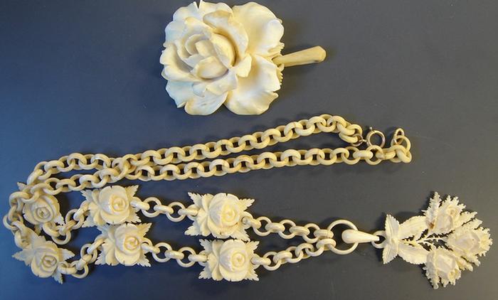 Appraisal: Carved Bone Grouping Including a carved rose pendant and a