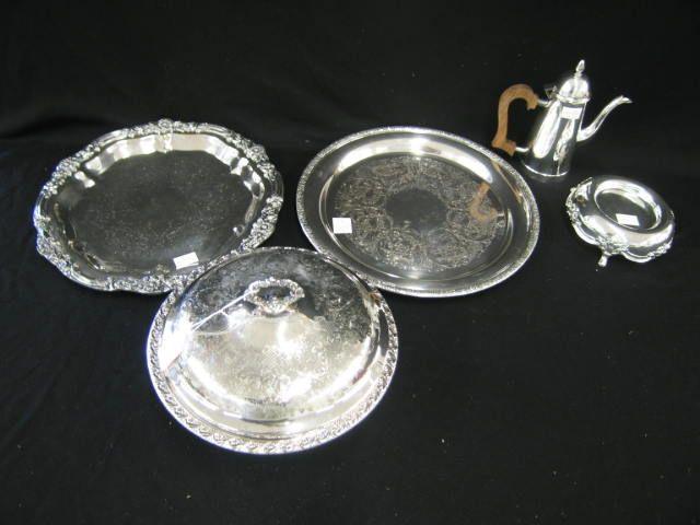 Appraisal: pcs Silverplate round trays covered server coffeepot wine coaster