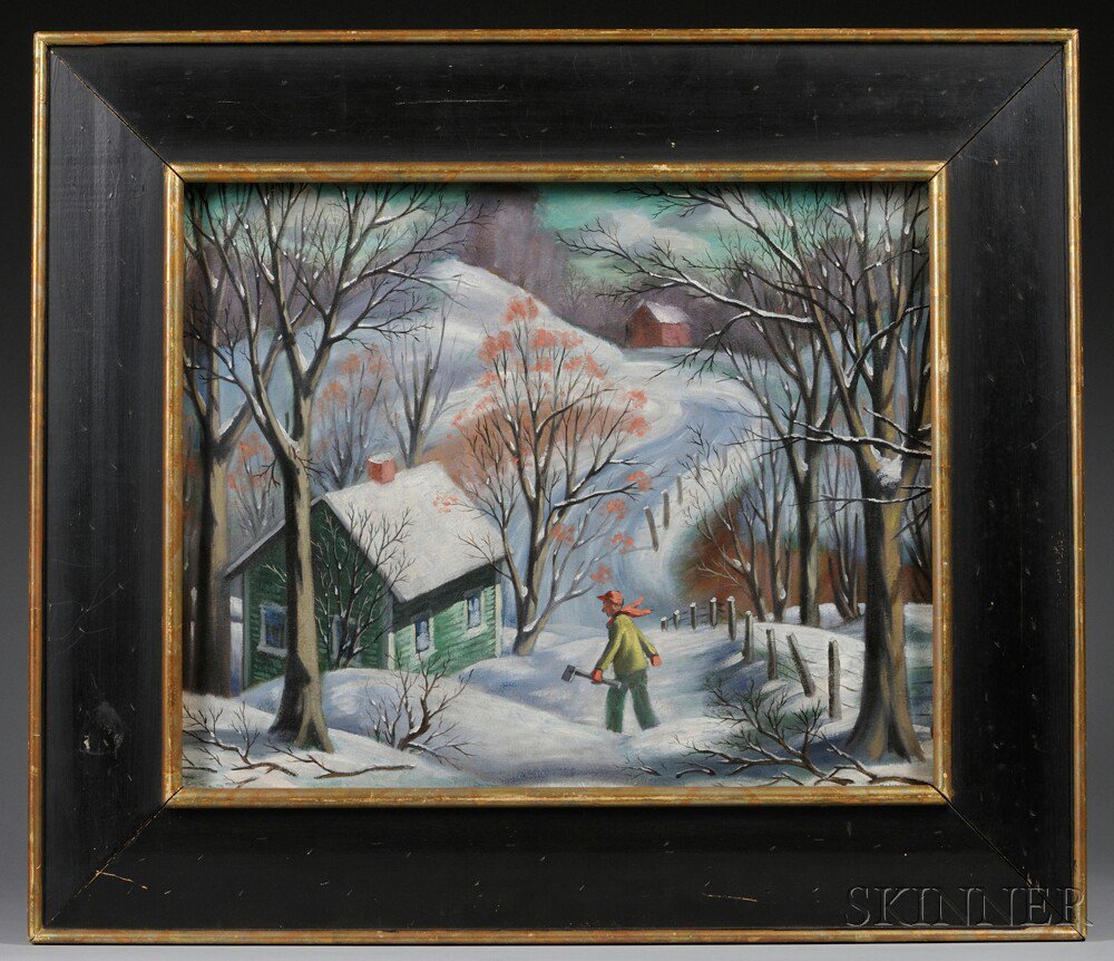 Appraisal: George J Marinko American - Winter Cabin with Woodsman Signed