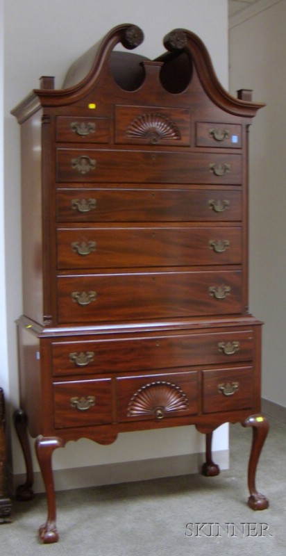 Appraisal: Chippendale-style Carved Mahogany Two-Part Bonnet-top Highboy approx ht wd in