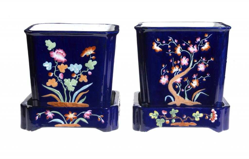 Appraisal: A PAIR OF MINTON MOULDED EARTHENWARE COBALT GROUND SQUARE GARDEN