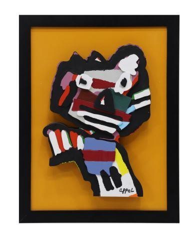 Appraisal: Framed hand-painted multiple wood sculpture Face signed lower right Appel