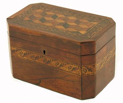 Appraisal: A Victorian Tunbridge ware rosewood tea caddy rectangular with canted