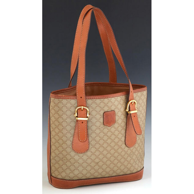 Appraisal: Celine Bucket Handbag in beige macadam coated canvas with brown