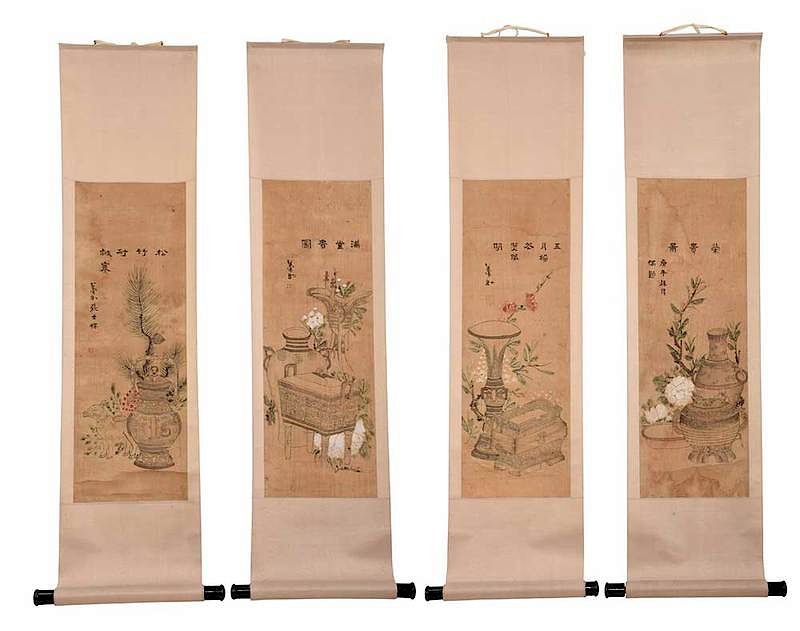 Appraisal: Attributed to Zhang Shibao Chinese - four still life hand