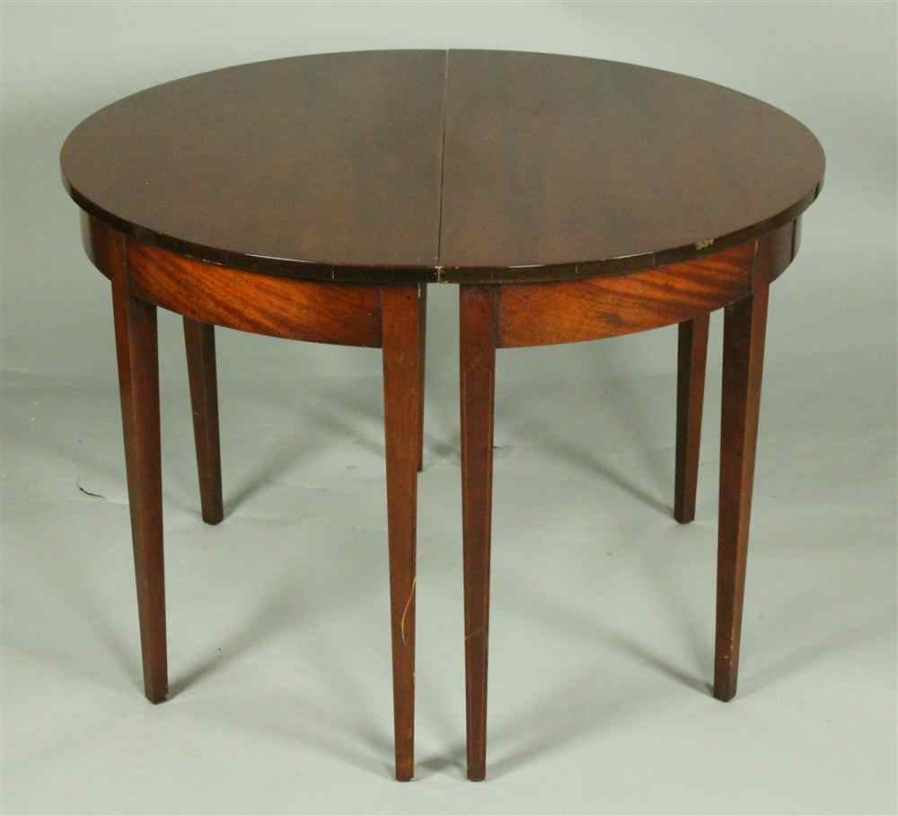 Appraisal: PAIR OF HEPPLEWHITE MAHOGANY INLAID DEMI LUNE TABLES each having