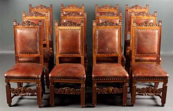 Appraisal: Set of twelve Continental Renaissance style carved walnut leather upholstered