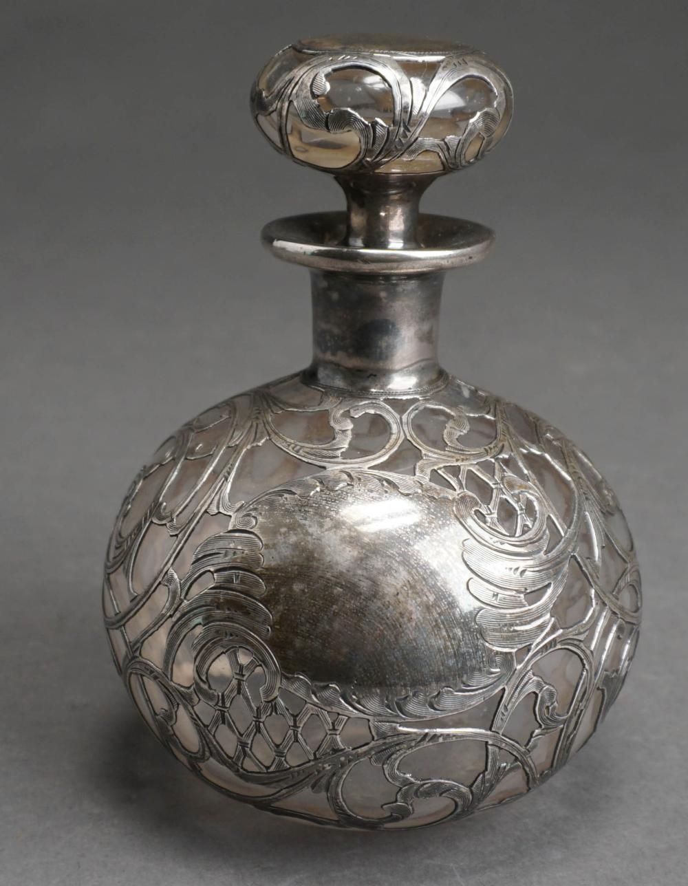 Appraisal: FINE SILVER OVERLAID GLASS VANITY BOTTLE WITH STOPPER H IN