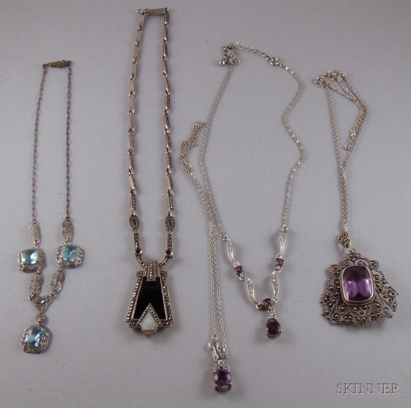 Appraisal: Five Assorted Silver Pendant Necklaces including an Art Deco sterling