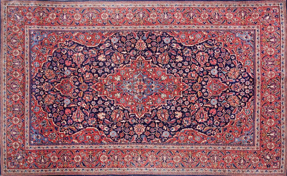 Appraisal: Fine Hand Knotted Persian Kashan Red and Blue Wool Carpet