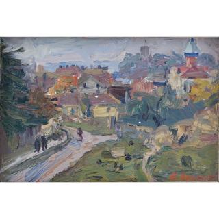 Appraisal: Judaica Oil On Canvas Village Signed lower right illegible Good