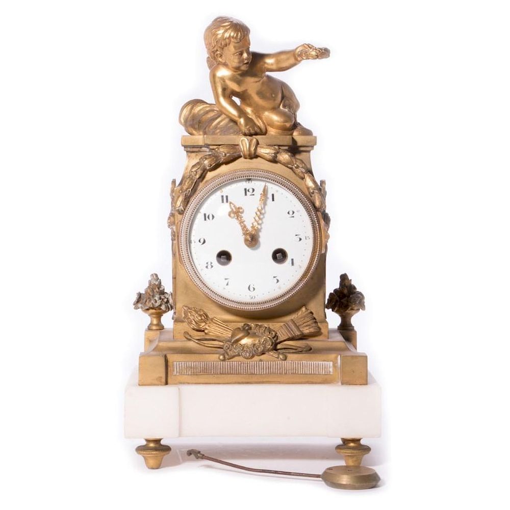 Appraisal: French Bronze and White Marble Clock th Century Cherub mounted