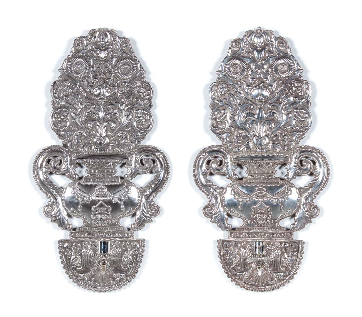 Appraisal: Pair of Indian silver repousse wall sconces th century with