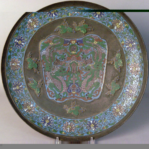 Appraisal: Cloisonne charger dia together with a Chinese pottery figure h