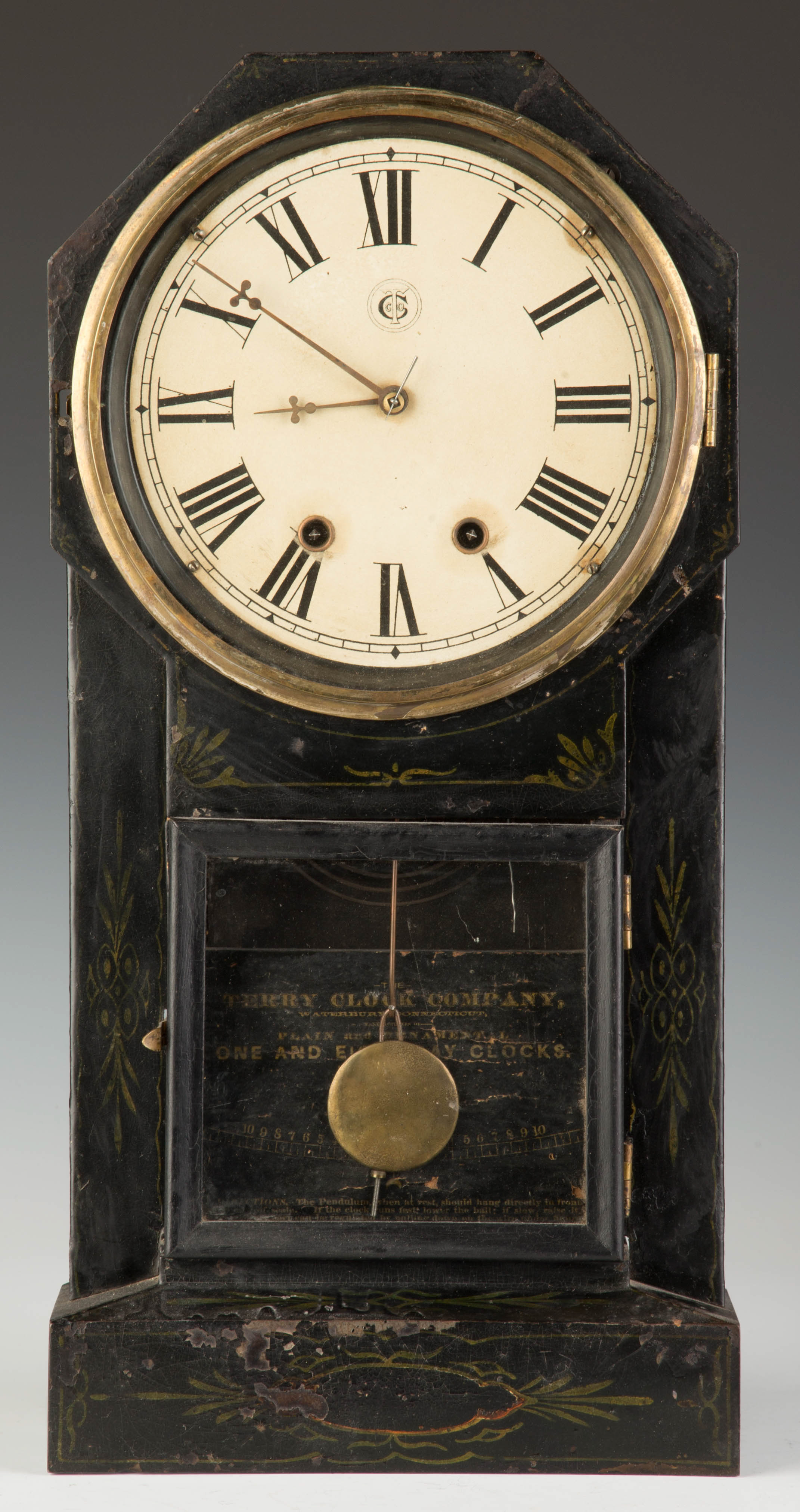 Appraisal: Terry Clock Co Iron Front and Metal Shelf Clock Paper