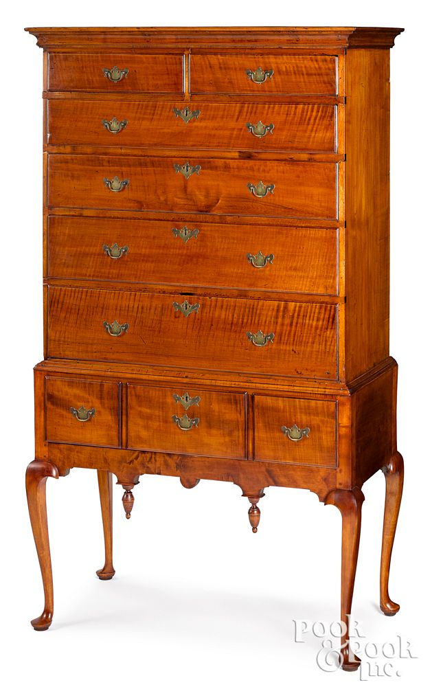 Appraisal: New England Queen Anne tiger maple high chest New England